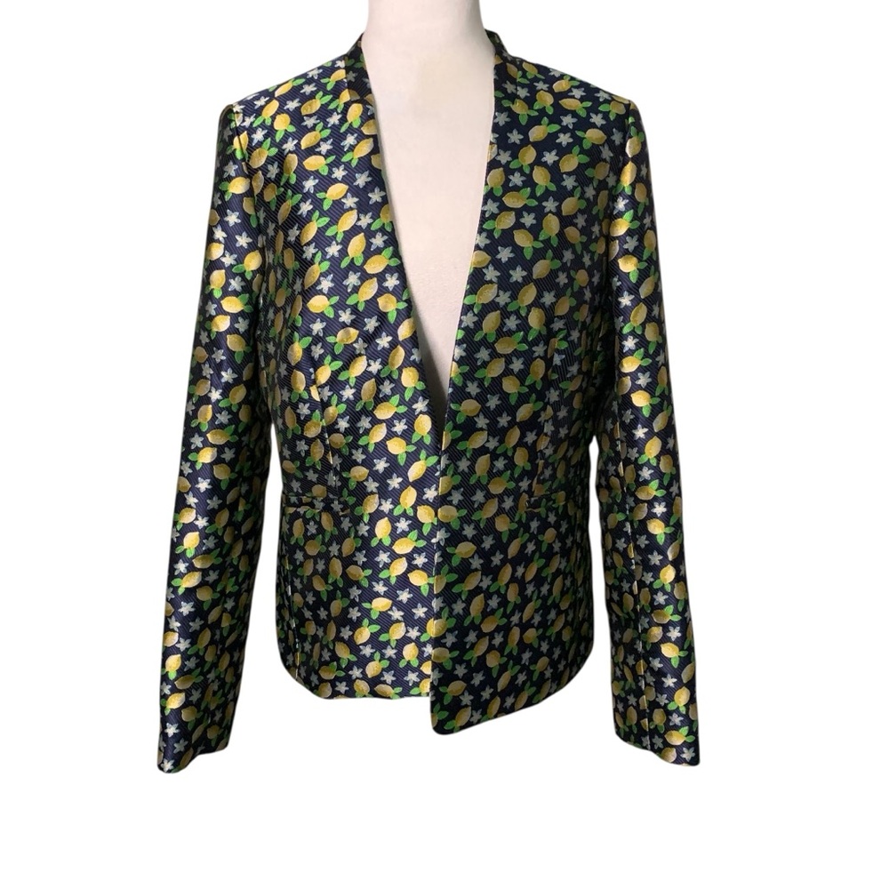 J. Crew Women’s 10 Tall Shiny Navy & Yellow Open Front Lemon Print Blazer Jacket